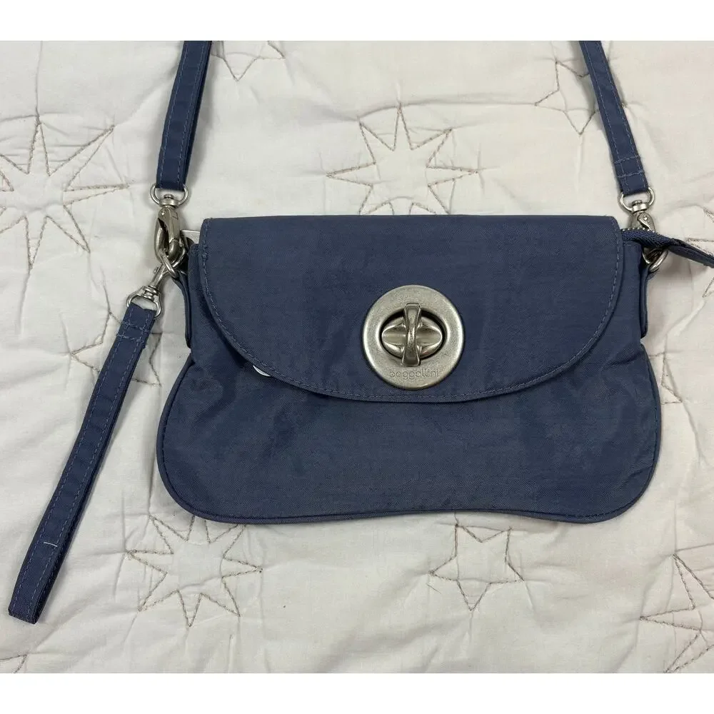 Baggallini Calais Blue/Gray Nylon Crossbody Bag Turn-Lock Front Flap